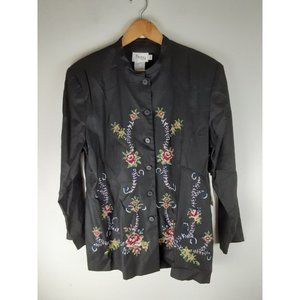 J Song Women's Black Linen Floral Embroidered Button Up Jacket Lightweight 14